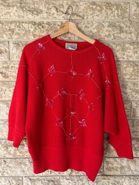 Vintage Red Sequin Embellished Lambswool Angora Knit Sweater